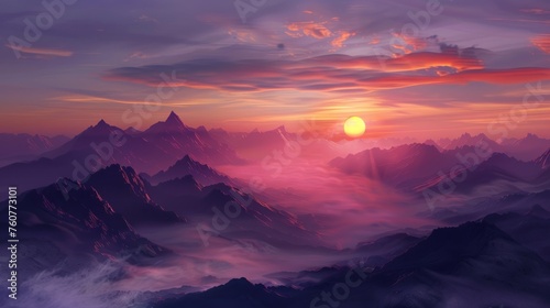 surreal illustration, sunset over the mountains, generative ai © Francheska