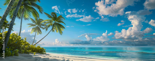 A beautiful beach scene with palm trees and a blue sky