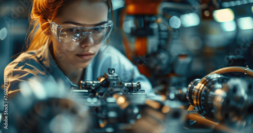 Female mechanical engineer with glasses, using advanced tools to assemble a high-performance carbon fiber racing car part in a dynamic industrial workshop. Generative AI.