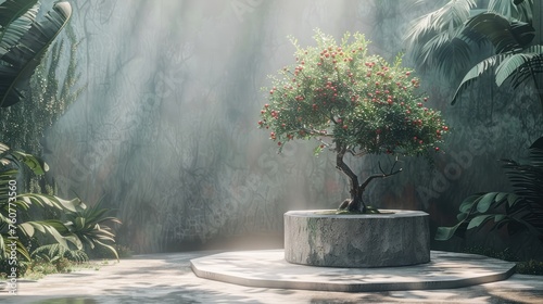Lone Pomegranate Tree Standing Proudly on a Concrete Podium in a Misty Tropical Jungle photo