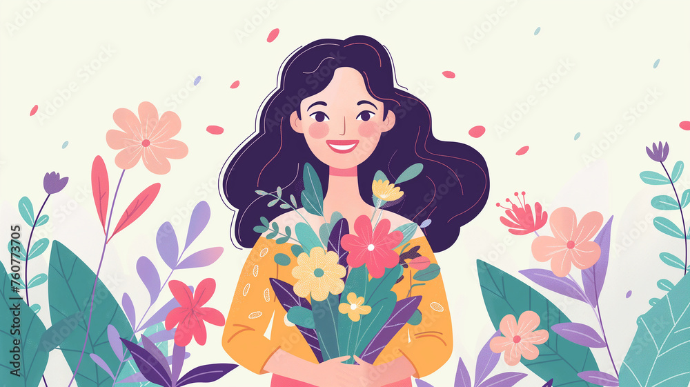 Illustration of young mother with flowers Illustration of young mother with flowers