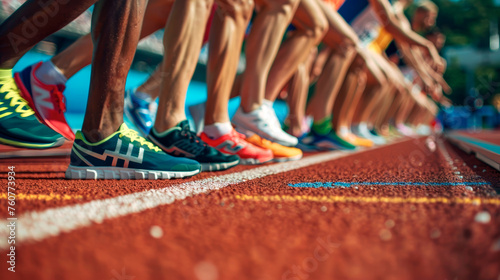 Multiracial athletes on the starting line of the stadium.