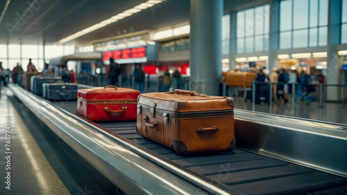 Suitcases on the escalator in the airport. Travel concept