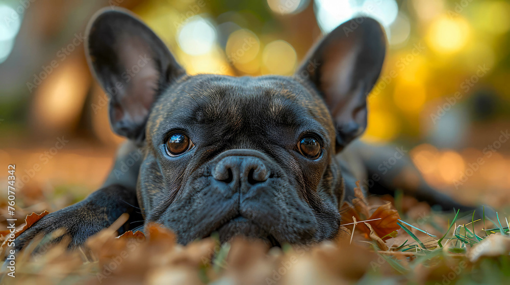 French bulldog lying on the grass in the garden at sunset