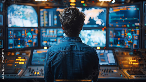 rear view. man looking at multiple screens, control center futuristic concept background.