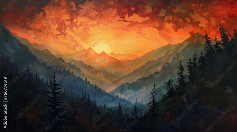 surreal illustration, sunset over the mountains, generative ai surreal illustration, sunset over the mountains, generative ai