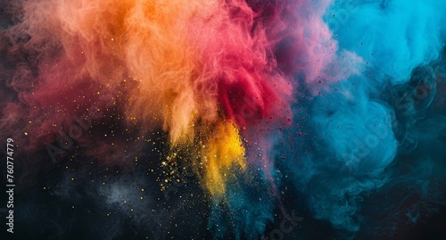 A vibrant, swirling cloud of colorful smoke set against a dark black backdrop