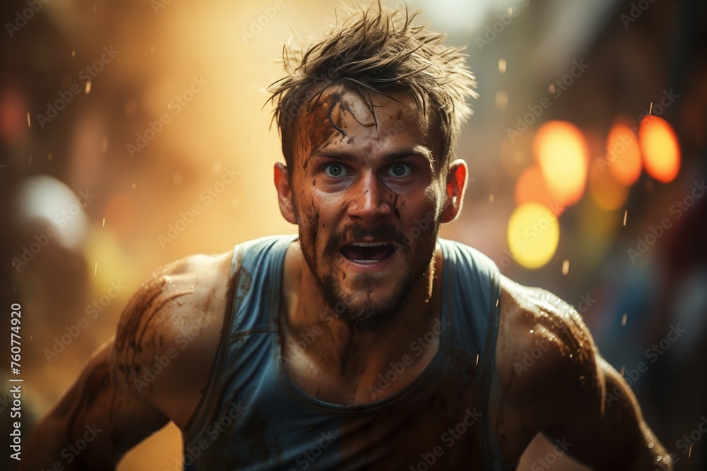 Fototapeta premium Mud-splattered male runner with intense gaze