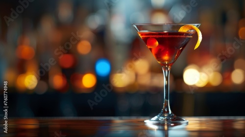 Manhattan cocktail on bar background. Glass of alcoholic drink