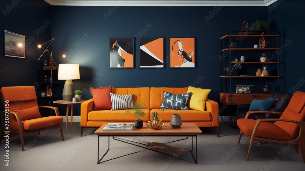 Navy Blue Walls with Mustard Yellow and Rust Orange Accents in the TV Lounge. Navy Blue Walls with Mustard Yellow and Rust Orange Accents in the TV Lounge.