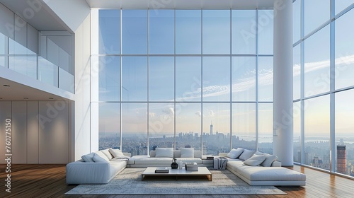 High-rise living room with large windows offering a city view  modern furniture  and wooden floor.