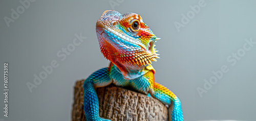 Colorful panther chameleon perched on a stump photo