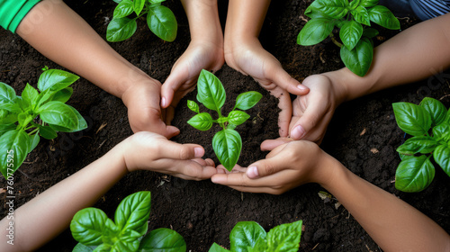 Several hands of different sizes and skin tones are holding and nurturing young green plants in soil, symbolizing growth, care, and environmental education. photo
