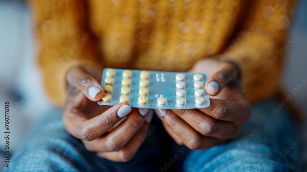Woman holding birth control pills generative ai - obrazy, fototapety, plakaty 
