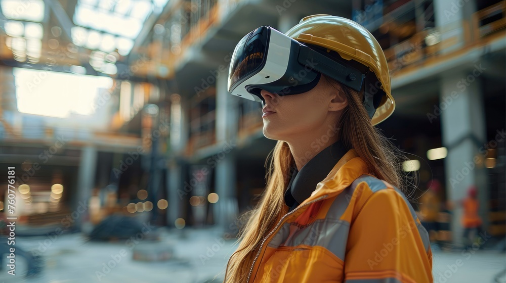 Female engineer wearing VR glasses working is a modern construction site. Generative AI. Female engineer wearing VR glasses working is a modern construction site. Generative AI.