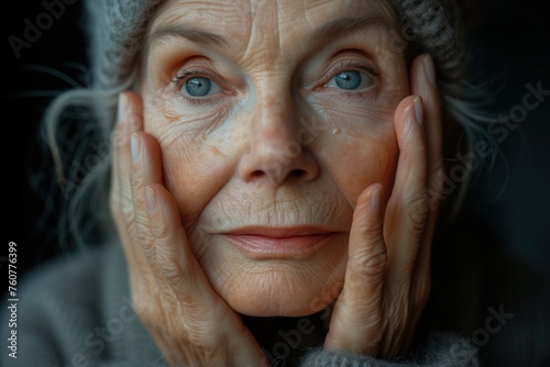 An elderly woman with visible tears holding her face in a deeply emotional moment