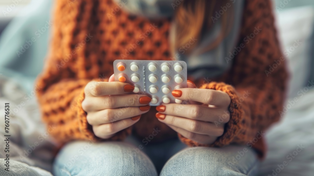 Woman holding birth control pills generative ai - obrazy, fototapety, plakaty 
