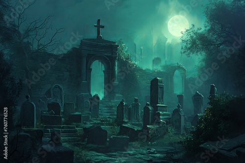 Mysterious Ancient graveyard night. Cemetery zombie. Generate Ai