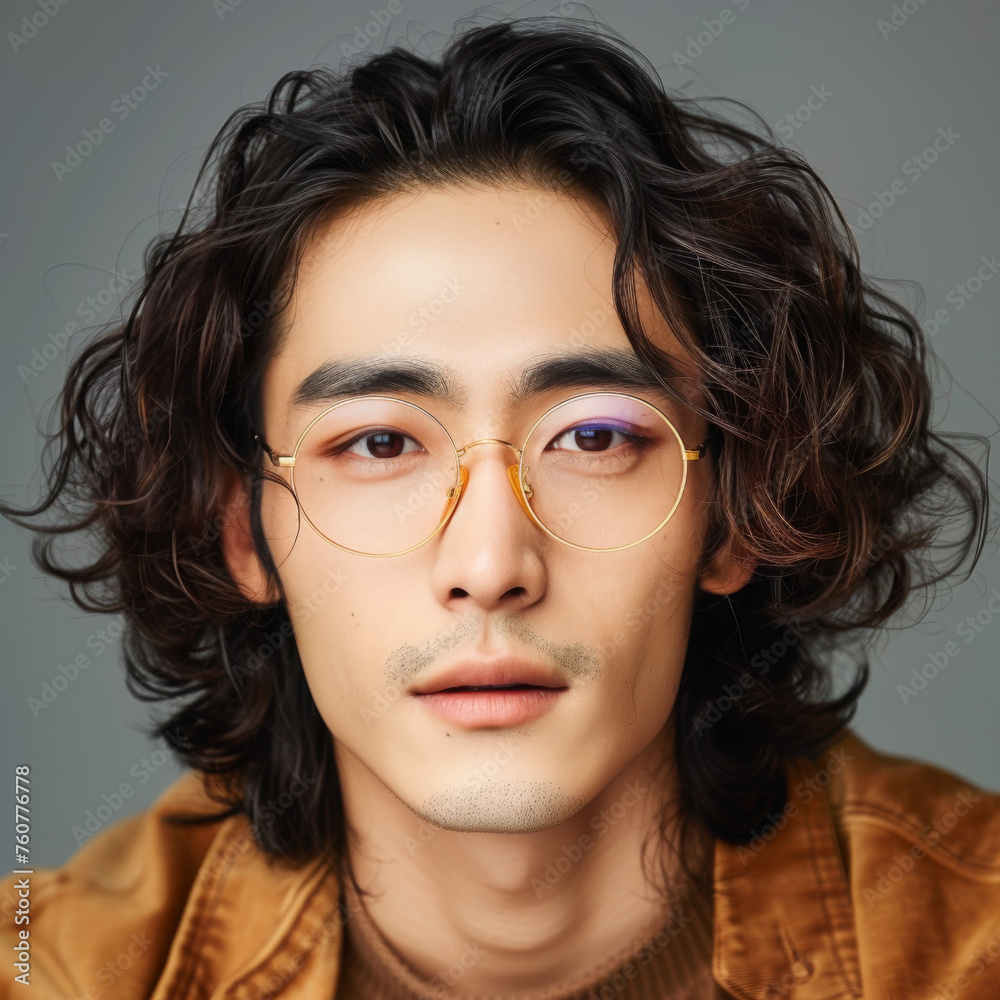 Fototapeta premium Stylish Asian Man with Long Hair Bun and Stubble, White Tee 