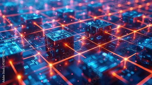 An abstract representation of blockchain blocks interconnected by glowing lines, illustrating the secure and transparent nature of blockchain networks. Generative AI.