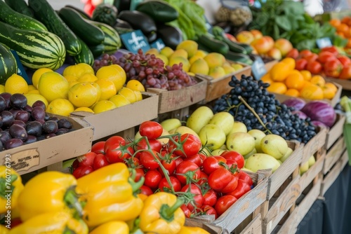 A colorful farmer s market display with fresh fruits and vegetables Ideal for organic food brands Healthy eating campaigns Or local agriculture support.