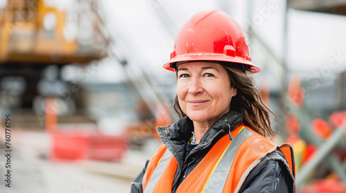 A woman, wearing a construction hard hat and work vest, is smirking on a construction site, middle-aged or older.