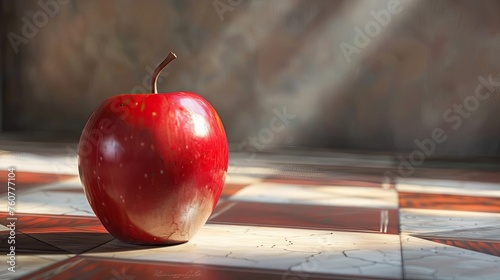 Shiny Red Apple Basks in Sunlight's Embrace on Minimalist Floor