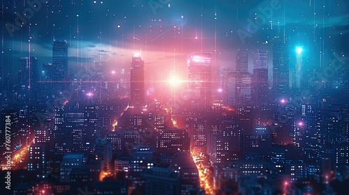 Modern hi-tech cityscape with neon light effect, futuristic technology concept. Generative AI.
