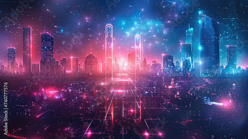 Modern hi-tech cityscape with neon light effect, futuristic technology concept. Generative AI.