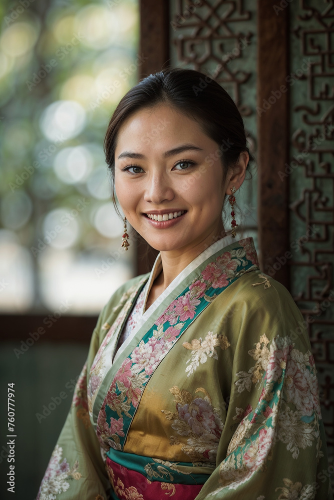 An Asian woman dressed in a traditional kimono smiles directly at the camera.
