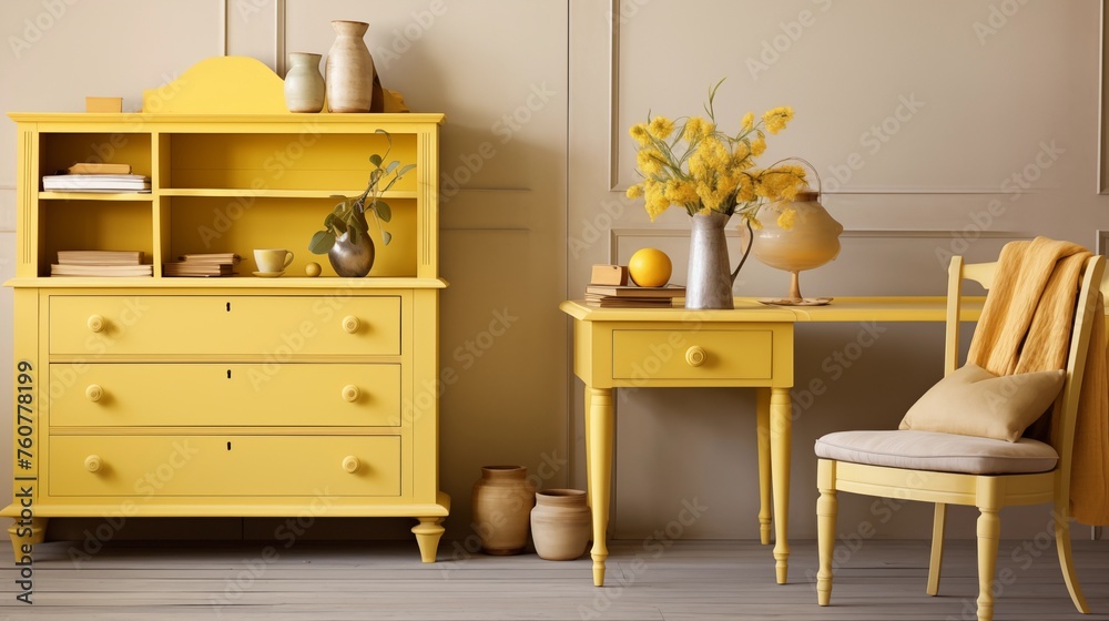 Paint wooden furniture pieces a muted yellow for a cohesive look. Paint wooden furniture pieces a muted yellow for a cohesive look.
