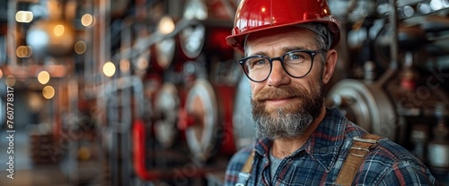 frontal photo of a smiling worker with hardhat and glasses, medium distance, Wallpaper Pictures, Background Hd photo