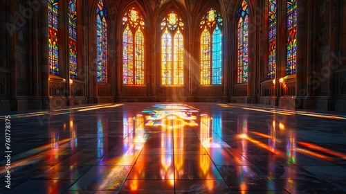 Sunset Hues Through Gothic Stained Glass Windows Illuminating Marble Cathedral Floor