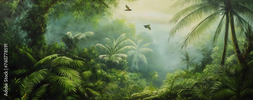 Mystical rainforest with lush vegetation and palm trees landscape painting