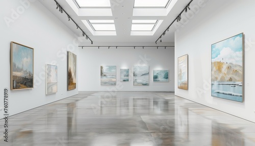 Serene Art Gallery Space with Exquisite Paintings on Minimalist White Walls. © Sajida