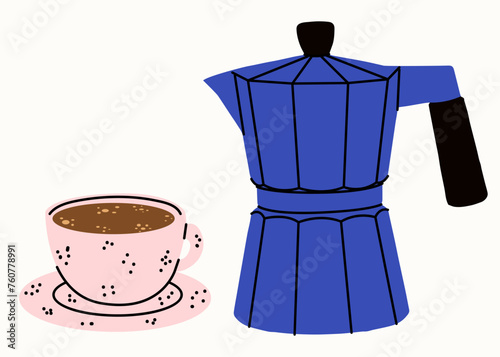 Healthy breakfast. Cup of coffee, tea and coffee pot. Set of vector flat illustrations in hand drawn style. Delicious dishes. Cartoon food icons. Isolated on a white background.