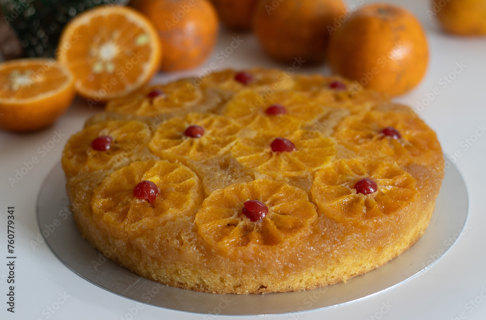 Orange upside down cake, also known as citrus caramel cake or caramelized orange cake