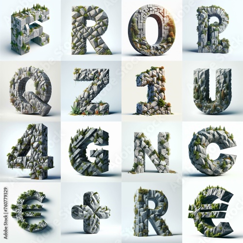 Granite polygonal 3D Lettering Typeface. AI generated illustration