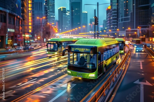 Sustainable Urban Transportation Solutions Featuring Electric Buses in a Modern Cityscape for International Engineers Day.
