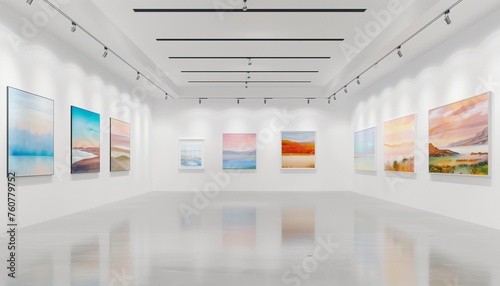 Tranquil Art Gallery with Delicately Lit Paintings on Immaculate White Walls.