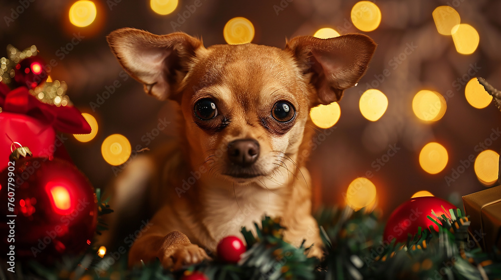 christmas dog with christmas decorations
