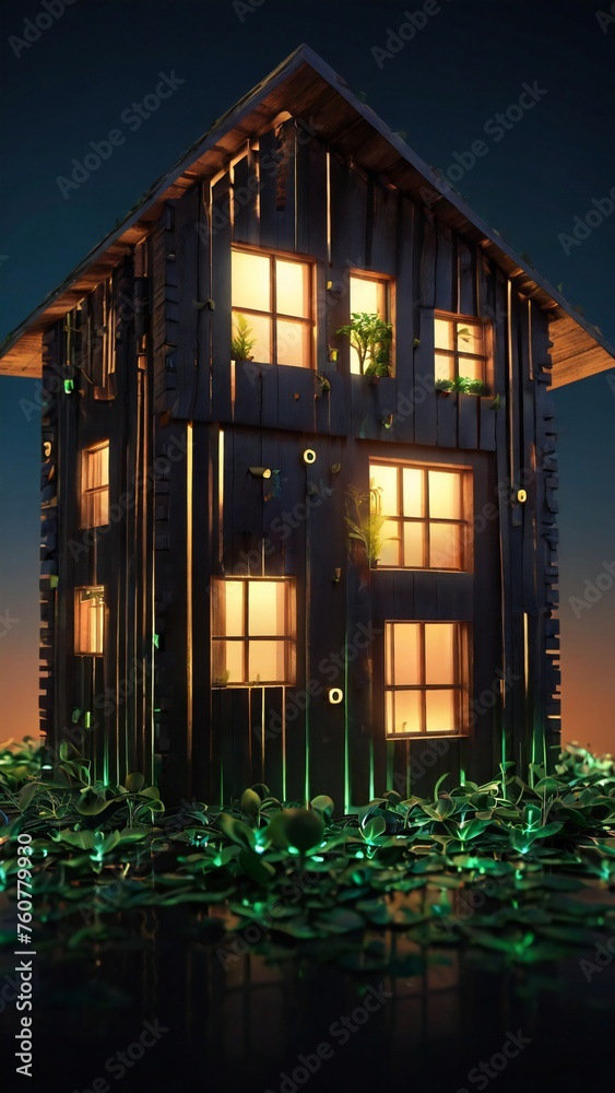 wooden house silhouette illustration of glowing plant growing on representing digital ecology business
