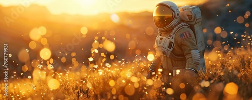 Human colonist, pressurized suit, exploring new terraformed planet, flourishing alien flora, 3D render, golden hour lighting, depth of field bokeh effect photo