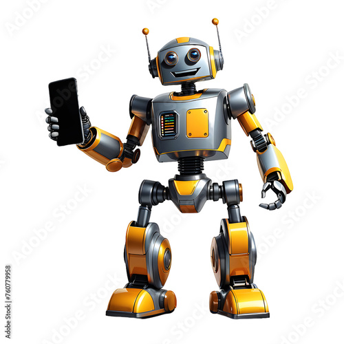 Ciborgue mostrando algo no celular. Robô com aparência humana segurando telefone em uma das mãos.