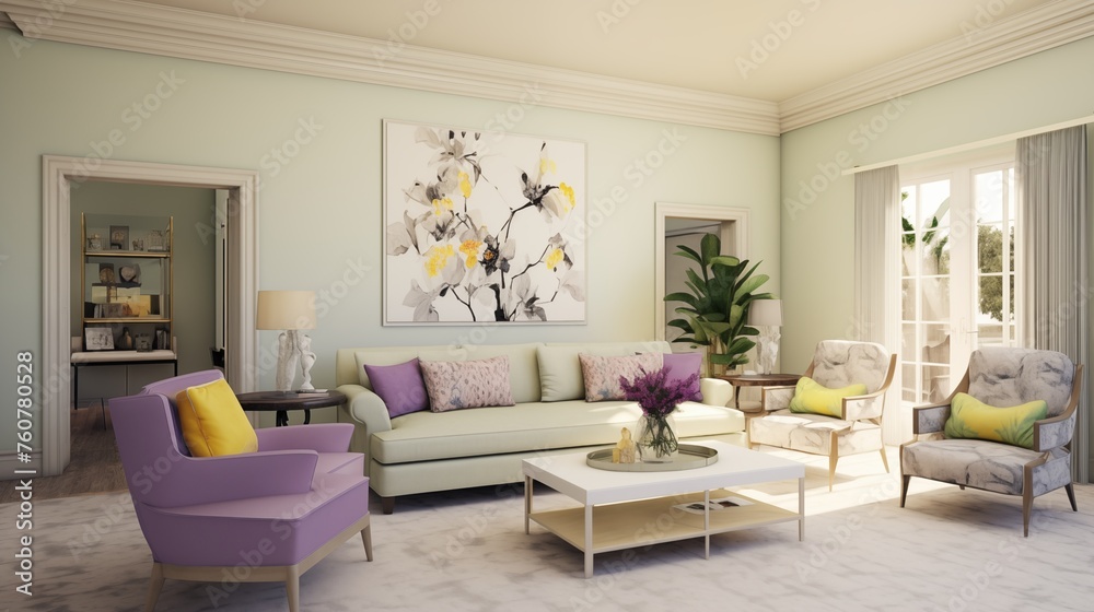 Fototapeta premium Pale Yellow Walls with Lavender and Mint Green Accents in the TV Lounge.