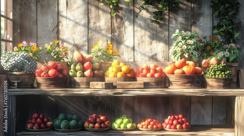 Sunlit Wooden Shelf Showcasing Fresh Fruits and Flowers on a Farmyard Market Stall Display photo