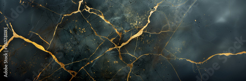 Black marble surface with gold kintsugi pattern,  Kintsukuroi japanese traditional Kintsugi background 