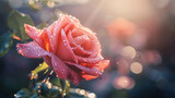 A vibrant rose with dew drops, symbolizing love and elegance, set against a soft, morning light backdrop