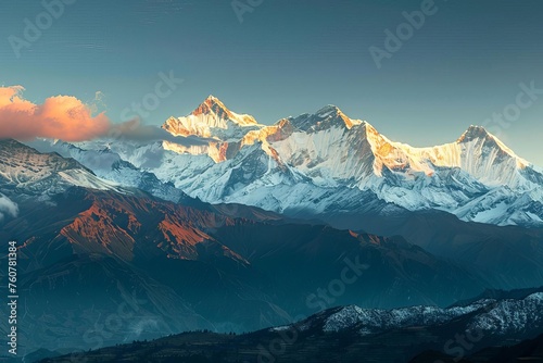 A panoramic view of a majestic mountain range at sunset With the last rays of sunlight casting golden hues over the snowy peaks