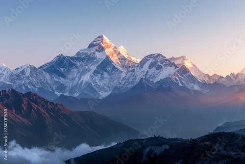 A panoramic view of a majestic mountain range at sunset With the last rays of sunlight casting golden hues over the snowy peaks